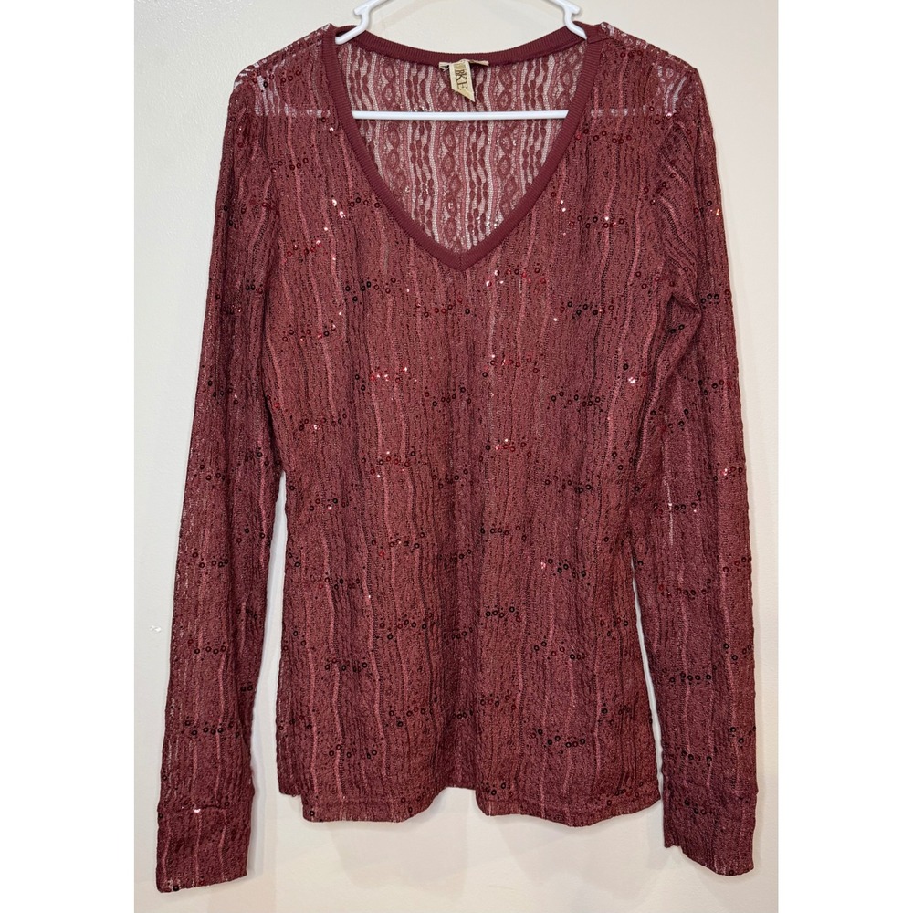 BKE Eased Womens Burgundy‎ Lace Sequin Sheer V-Neck Long Sleeve Top Size L